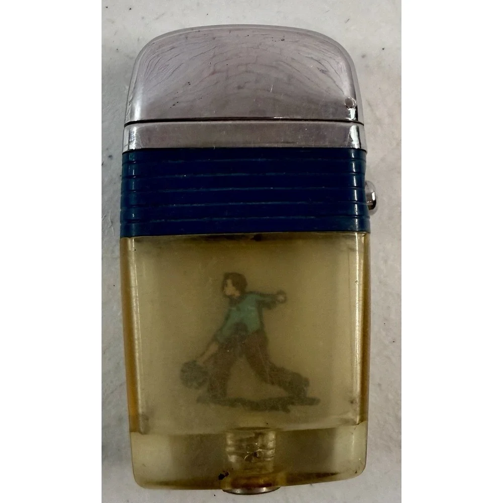 Vintage SCRIPTO VU-Lighter Bowling 1960s Blue With Tin Case Untested
